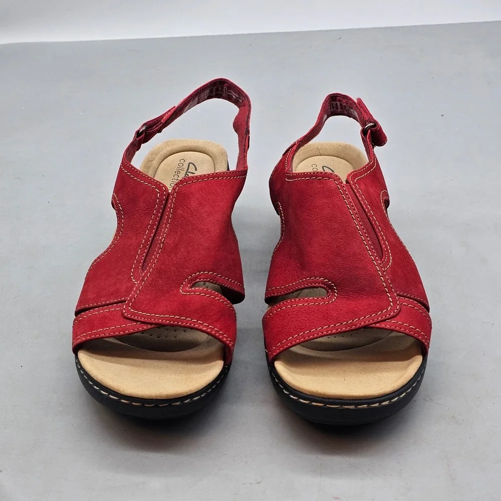Clarks Collection Red Nubuck Leather Slingback Wedge Sandals Womens Size 12 M
